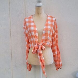 Farm rio for anthropologie plaid plunge neckline tie front top siz L